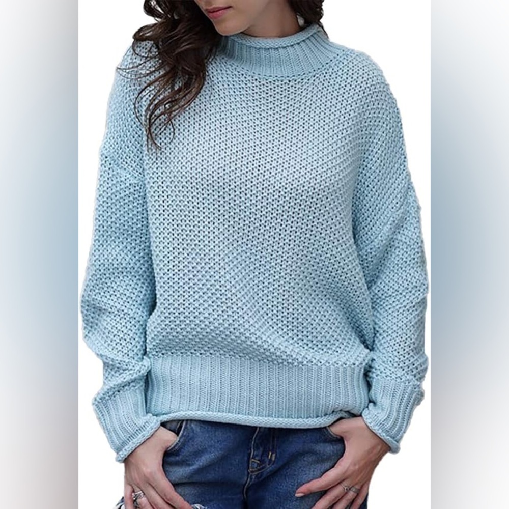 XL Blue NEW ribbed-knit turtleneck sweater Cable Knit Fall Winter Long Sleeve